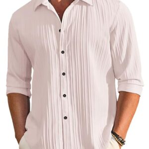DEELMO Men's Casual Button Down Shirts Long Sleeve Linen Shirt Fashion Textured Beach Summer Shirt